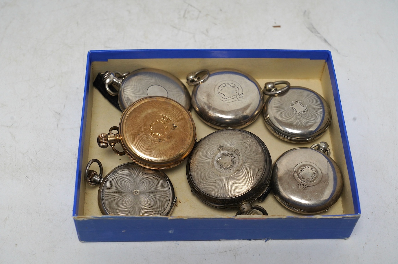 Six assorted open face pocket watches including silver and gold plated and a silver hunter pocket watch. Condition - poor to fair